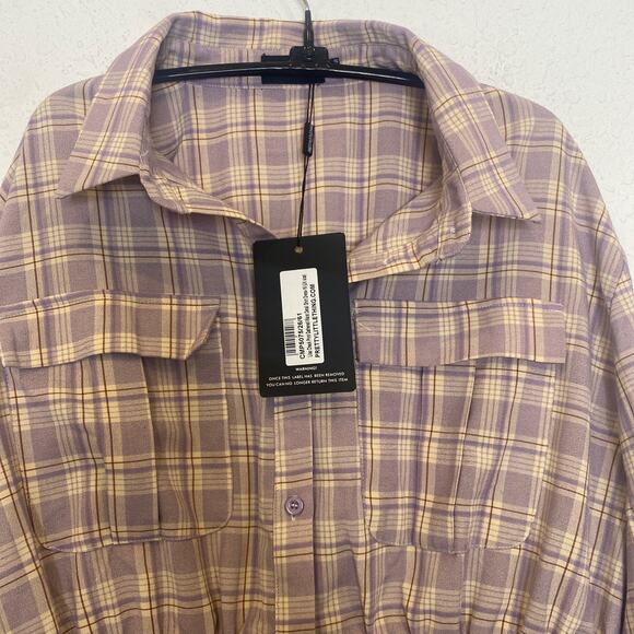 Pretty Little Thing Plaid Long Sleeve Button Down Lilac Shirt Dress NWT Sz 16 - Picture 3 of 15